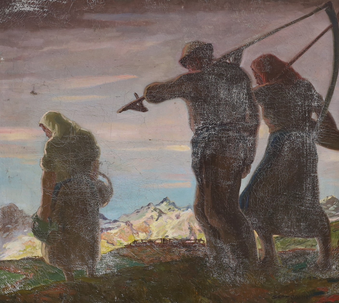 Sepp Jahn (Austrian 1907-2003), oil on canvas, workers heading home, signed Sepp Jahn., German inscription verso commemorating the work of post office workers, dated 1947, 69 x 77cm
